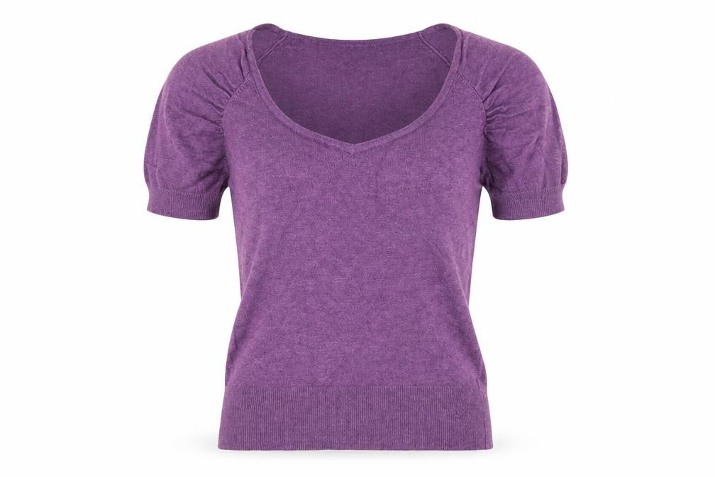 Front view of Warehouse women’s purple round neck viscose jumper, size UK 10