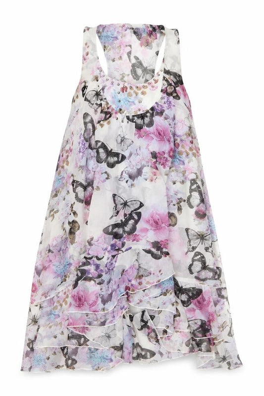 Front view of Lipsy women’s multicoloured floral polyester a-line, size UK 10, round neck pullover - butterflies