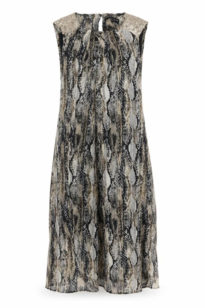Front view of Dorothy Perkins women’s beige animal print polyester a-line, size UK 10, round neck pullover - snake pattern
