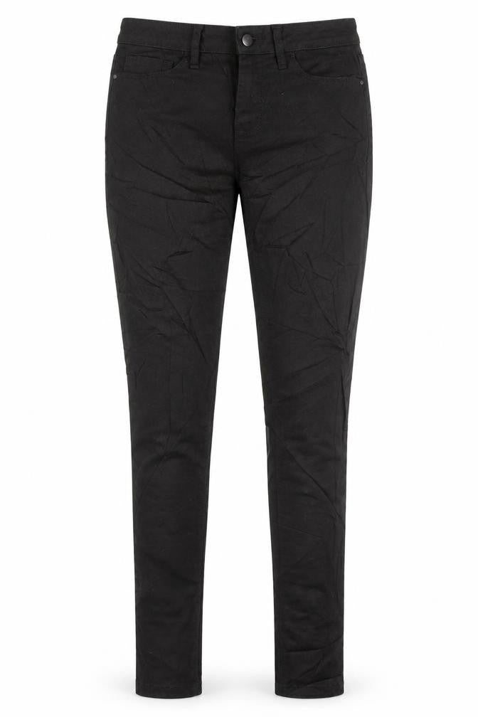Front view of Ware Denim women’s black cotton skinny jeans, size UK 10, 29-inch leg regular button