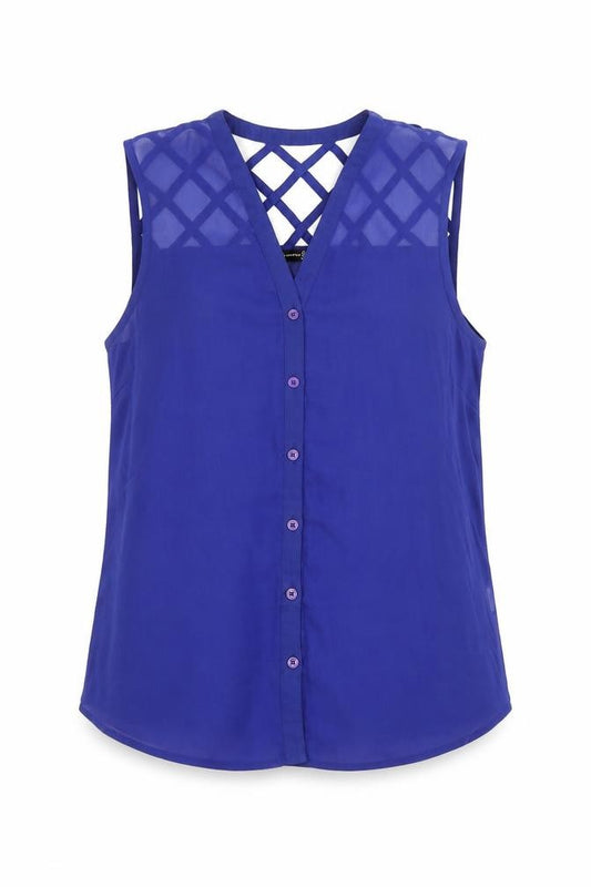 Front view of Atmosphere women’s blue polyester basic button-up, size UK 10, v-neck - cut out back