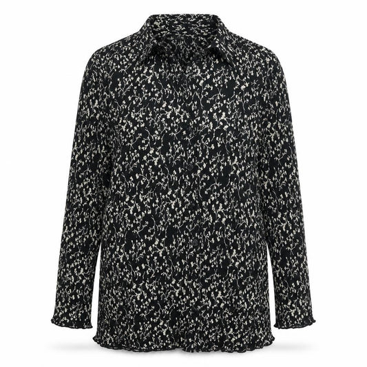 Front view of Profile women’s black floral polyester basic button-up, size UK 10, collared