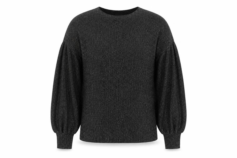 Front view of River Island women’s black round neck polyester jumper, size S, - voluminous sleeves