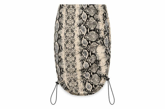 Front view of PRETTYLITTLETHING women’s beige animal print polyester straight & pencil skirt, size UK 4, - snake print ruched