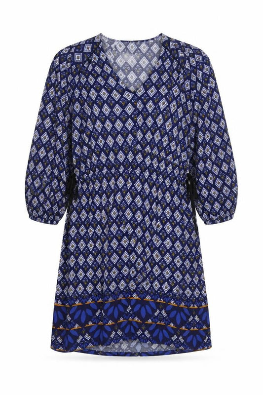 Front view of Next women’s blue geometric viscose kaftan, size UK 6, v-neck tie