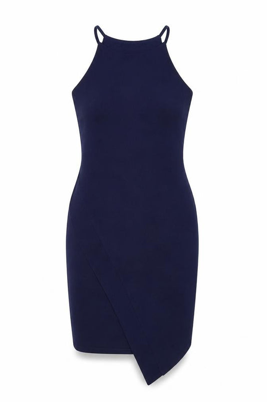 Front view of River Island women’s blue polyester sheath, size UK 8, round neck pullover