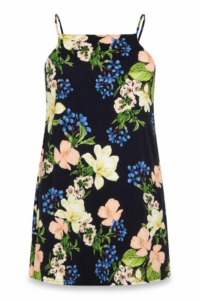 Boohooo Womens Black Floral Polyester Tank Dress Size 10 Square Neck Pullover