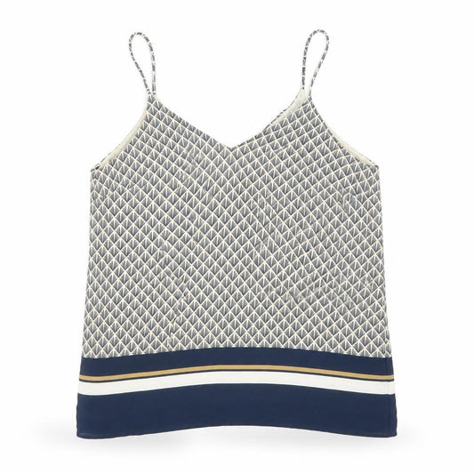 Front view of H&M women’s blue geometric polyester camisole tank, size UK 8, v-neck