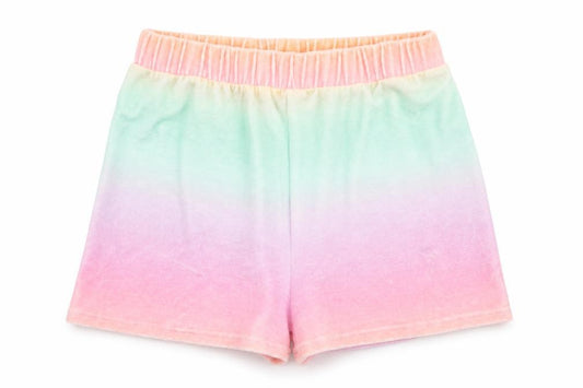 Front view of ASOS women’s multicoloured polyester sweat shorts, size UK 6, 3-inch leg regular pull on - ombre