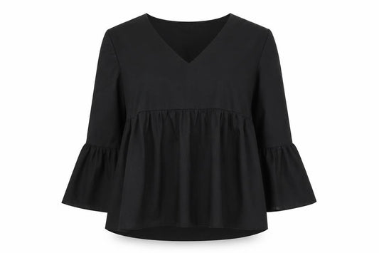 Front view of Boohoo women’s black polyester basic blouse, size UK 6, v-neck
