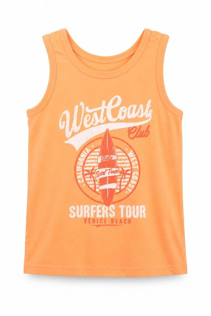 Front view of Primark girls’ orange polyester basic tank, size 6-7, years scoop neck pullover - west coast