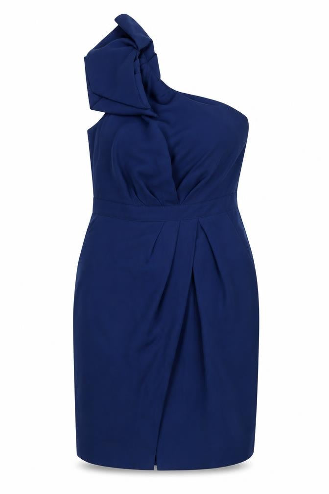 Front view of Warehouse women’s blue polyester a-line, size UK 10, one shoulder zip