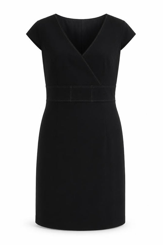 Front view of Marks & Spencer women’s black polyester a-line, size UK 10, v-neck zip