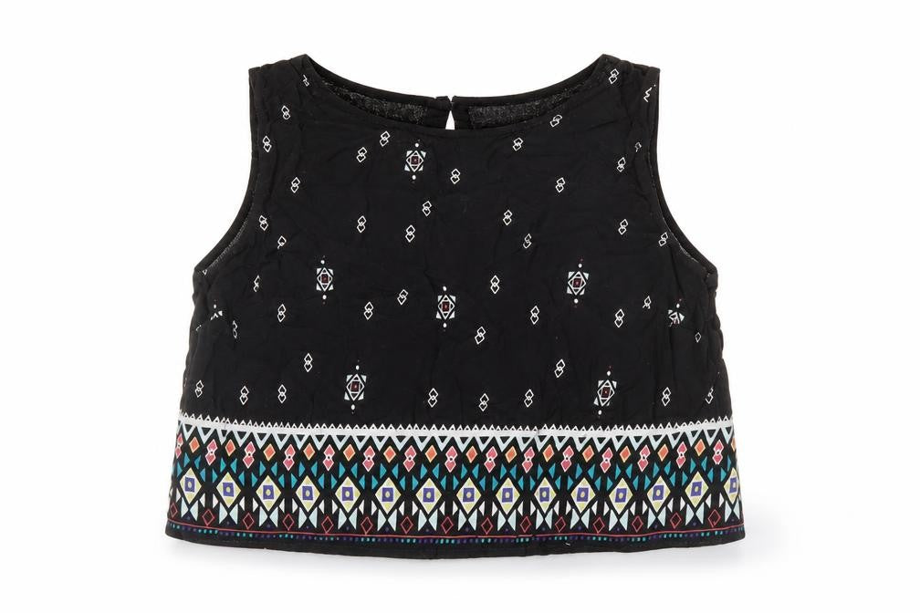 Front view of H&M women’s black geometric viscose cropped blouse, size UK 12, round neck