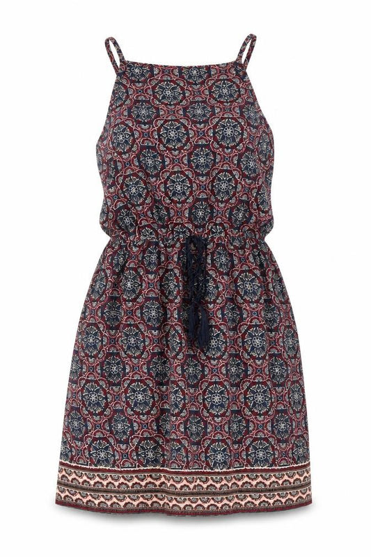 Front view of Primark women’s multicoloured geometric polyester fit & flare, size UK 8, square neck drawstring