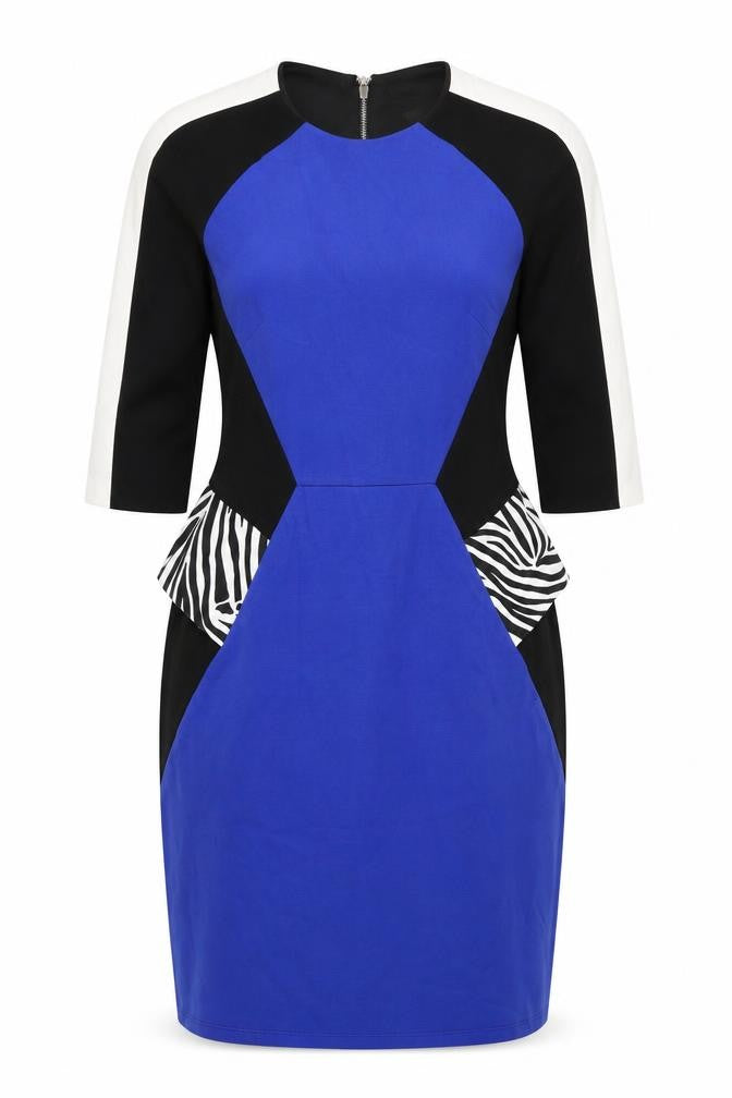 Front view of River Island women’s blue viscose a-line, size UK 14, round neck zip - colourblock