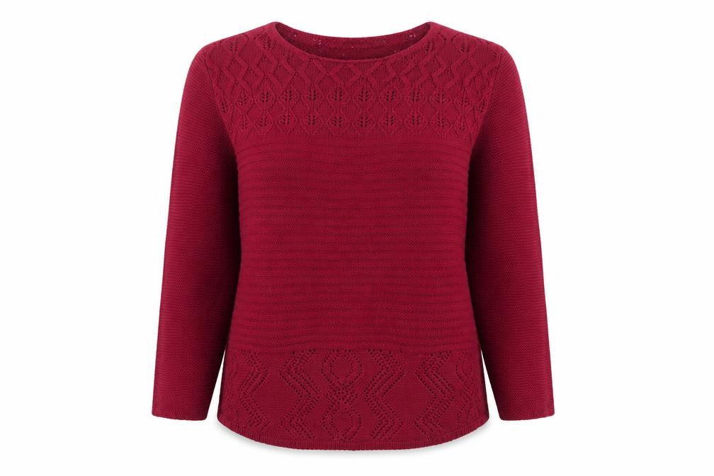 Front view of UP2U women’s pink round neck acrylic jumper, size M