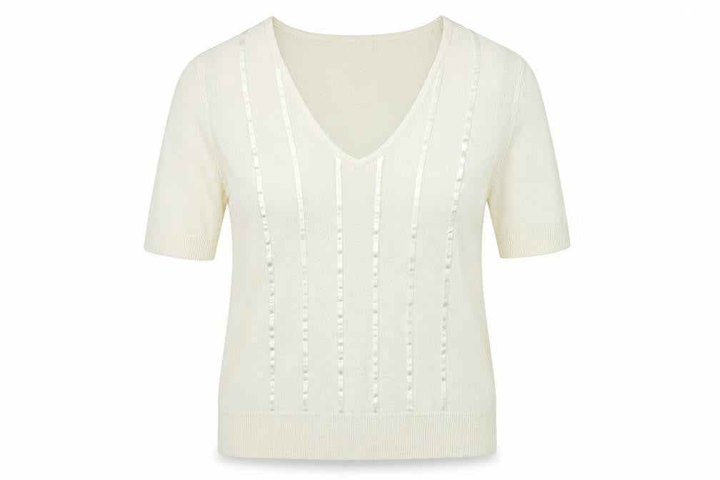 Front view of Marks & Spencer women’s ivory v-neck acrylic jumper, size UK 16