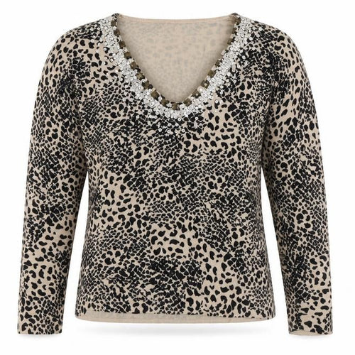 JEFF&CO Womens Brown V-Neck Animal Print Acrylic Pullover Jumper Size 10 - Leopard Print