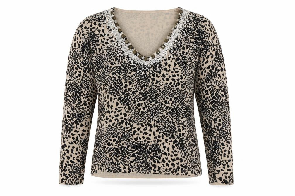 JEFF&CO Womens Brown V-Neck Animal Print Acrylic Pullover Jumper Size 10 - Leopard Print