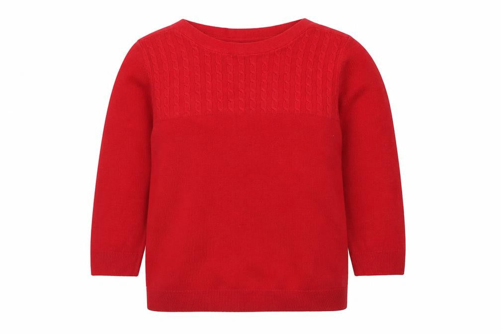 Front view of BHS women’s red boat neck acrylic jumper, size UK 10
