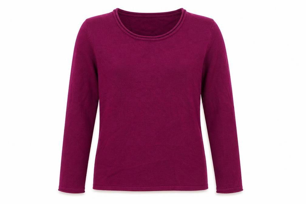 Front view of Autonomy women’s pink round neck acrylic jumper, size UK 10