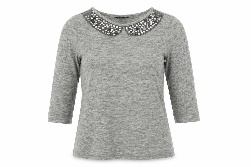 Front view of Marks & Spencer women’s grey acrylic basic t-shirt, size UK 10, boat neck