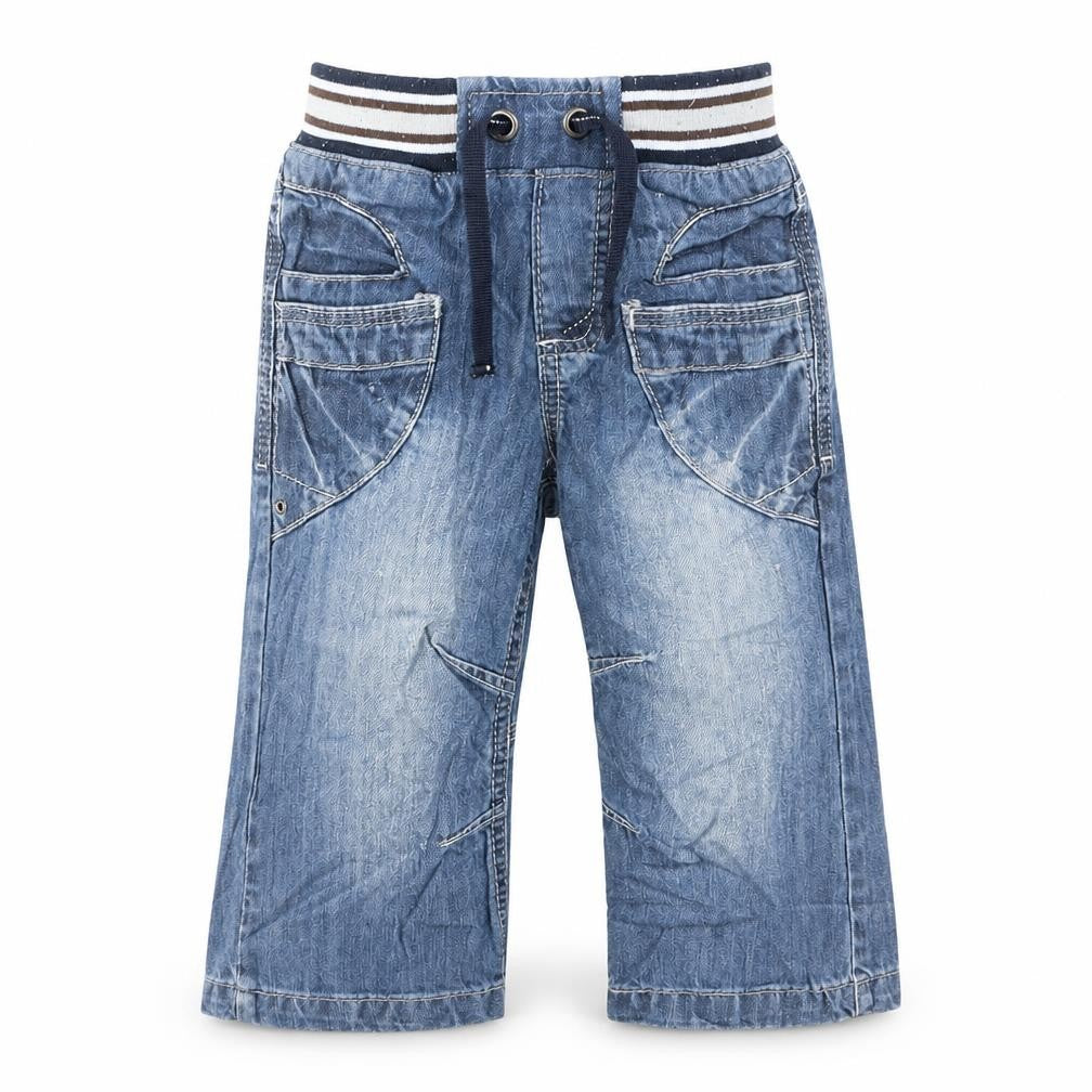 Front view of Tu boys’ blue cotton capri jeans, size 12-18, months drawstring