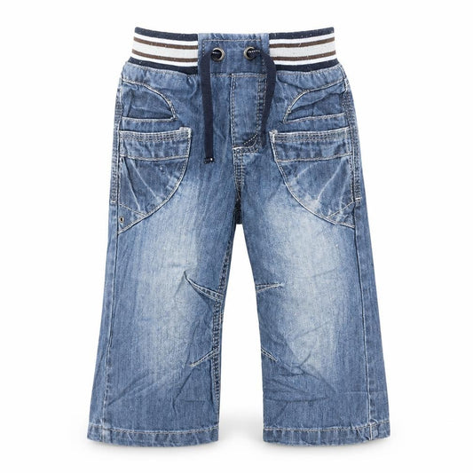 Front view of Tu boys’ blue cotton capri jeans, size 12-18, months drawstring