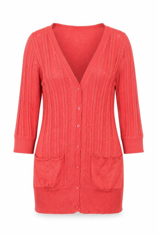 Front view of 5 Pre View women’s pink v-neck acrylic cardigan jumper, size UK 12