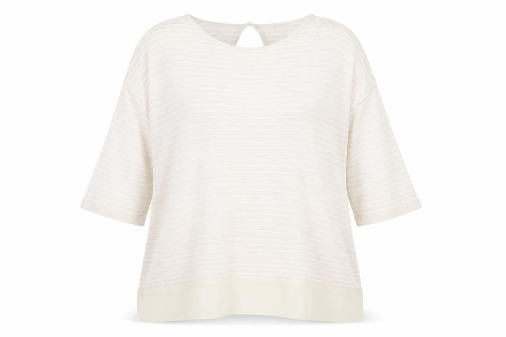 Front view of Casamia women’s beige crew neck striped viscose jumper, size L