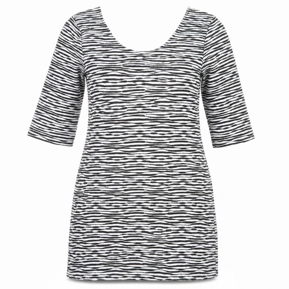 Front view of Atmosphere women’s black striped polyester a-line, size UK 16, scoop neck pullover