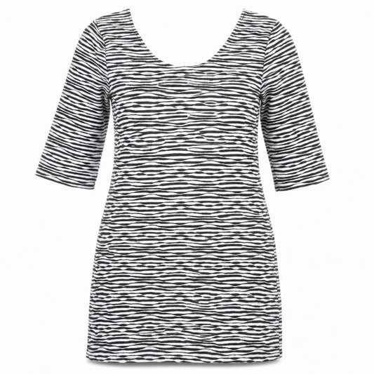 Front view of Atmosphere women’s black striped polyester a-line, size UK 16, scoop neck pullover