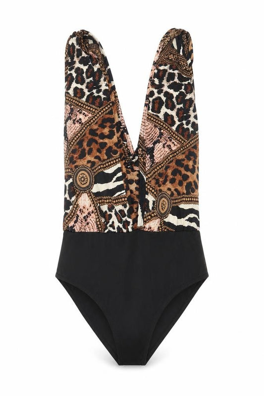 Front view of Boohoo women’s black geometric polyester bodysuit one-piece, size UK 6, snap