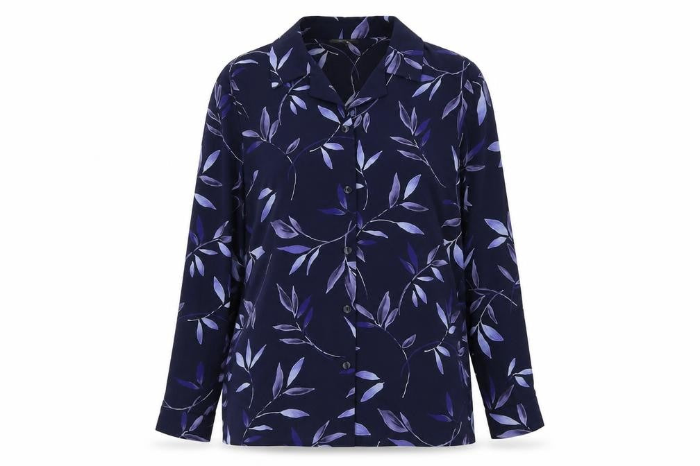 Front view of Suzanne Grae women’s blue floral polyester basic button-up, size UK 10, collared