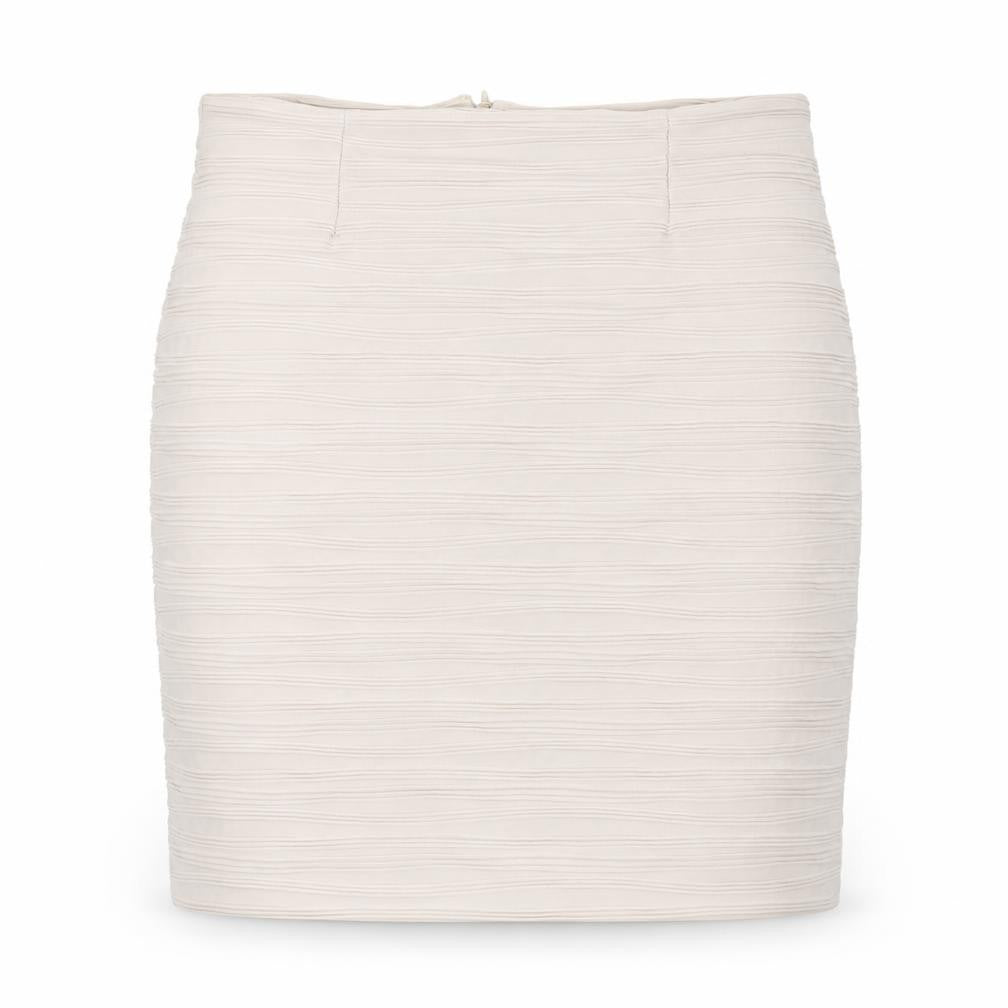 Front view of H&M women’s beige polyester a-line skirt, size M, zip