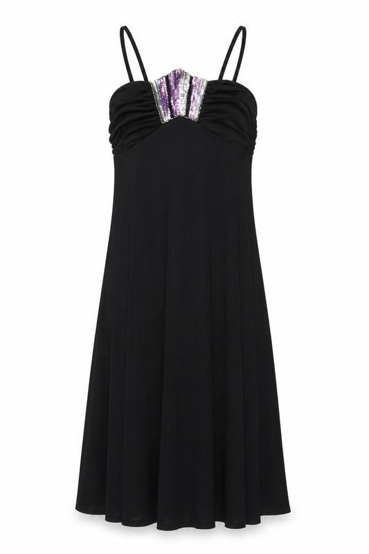 Front view of Shubette women’s black polyester a-line, size UK 12, v-neck zip