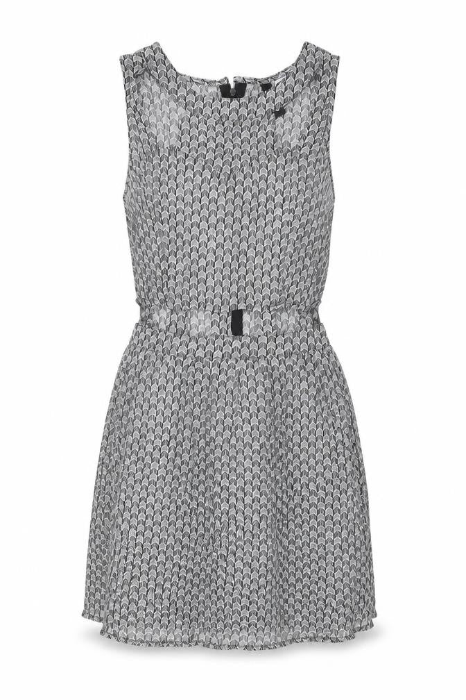 Front view of H&M women’s black geometric polyester mini, size UK 6, round neck zip
