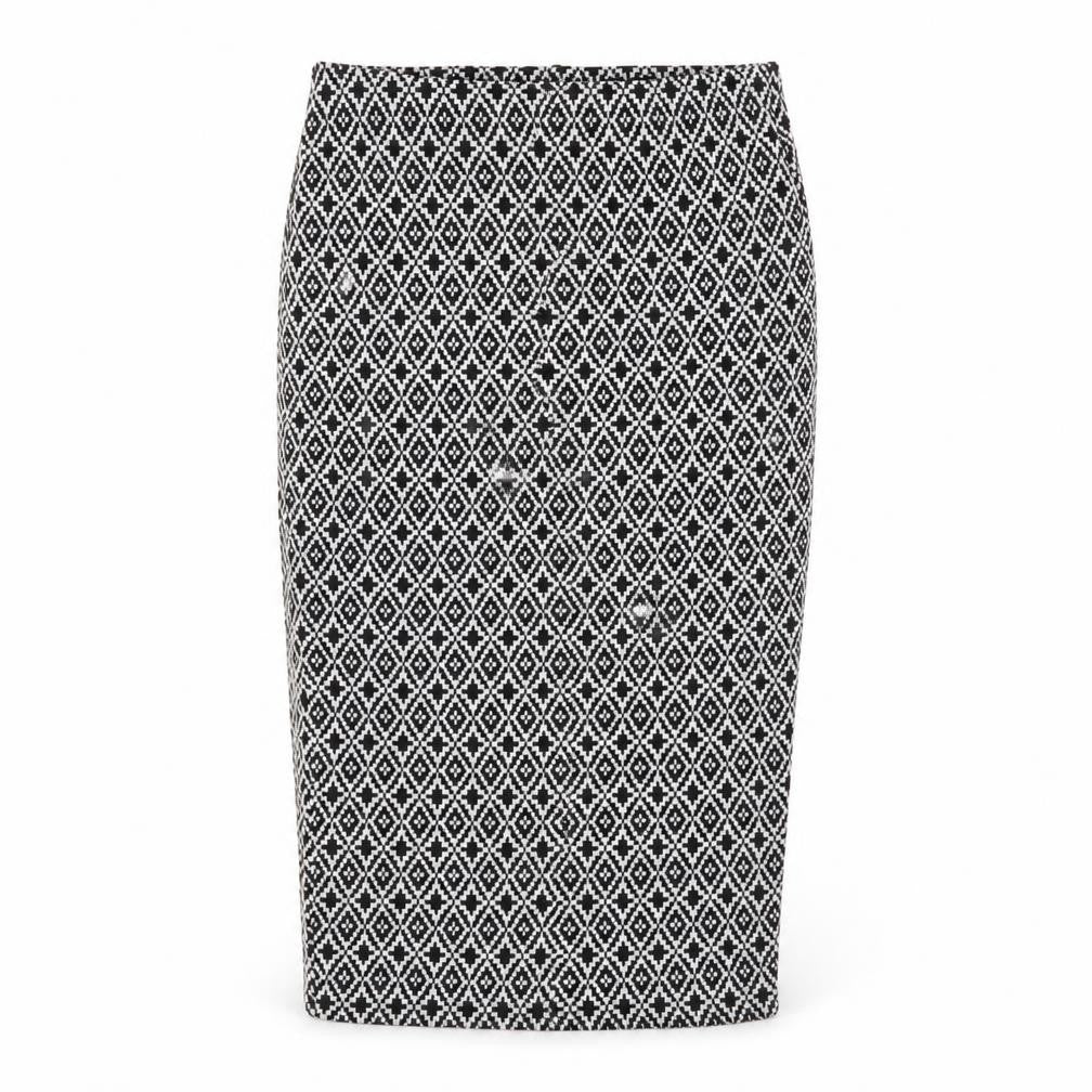 Front view of Primark women’s black geometric polyester straight & pencil skirt, size UK 6, drawstring