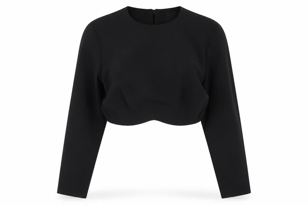 Front view of ASOS women’s black polyester cropped blouse, size UK 8, round neck