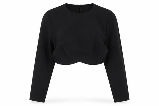 Front view of ASOS women’s black polyester cropped blouse, size UK 8, round neck