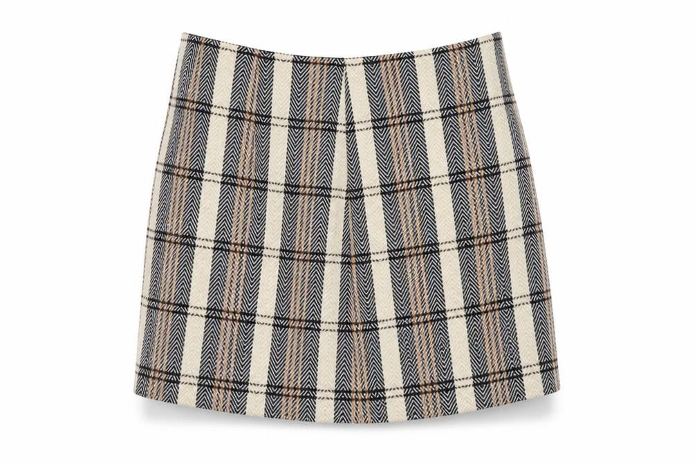 Front view of Primark women’s beige plaid polyester mini skirt, size UK 6, zip