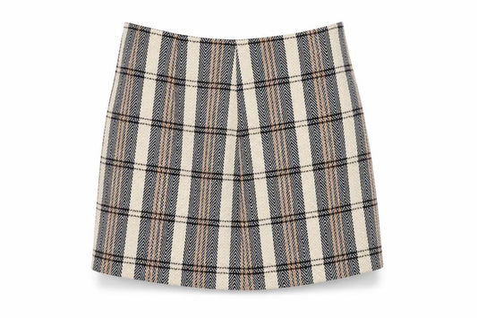 Front view of Primark women’s beige plaid polyester mini skirt, size UK 6, zip