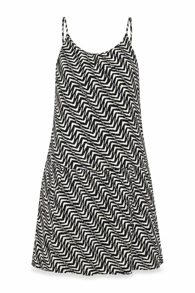 Front view of Marks & Spencer women’s beige geometric viscose a-line, size UK 12, v-neck pullover