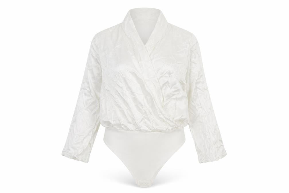 Front view of Zara women’s white polyester leotard one-piece, size M, snap