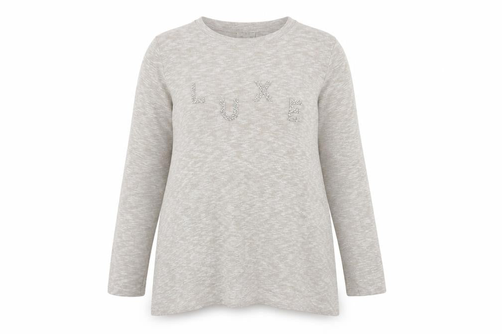Front view of River Island women’s beige round neck viscose jumper, size UK 12, - luxe asymmetric