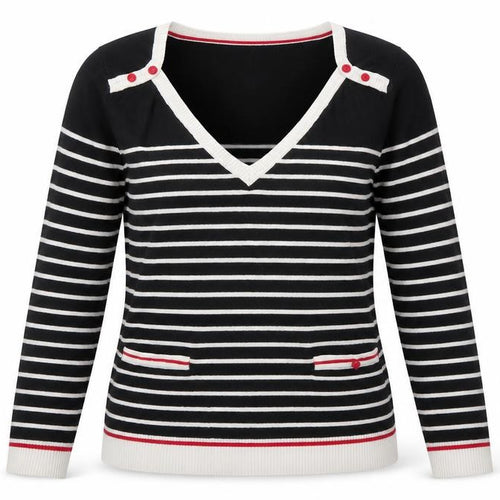 Mango Womens Black V-Neck Striped Silk Pullover Jumper Size M