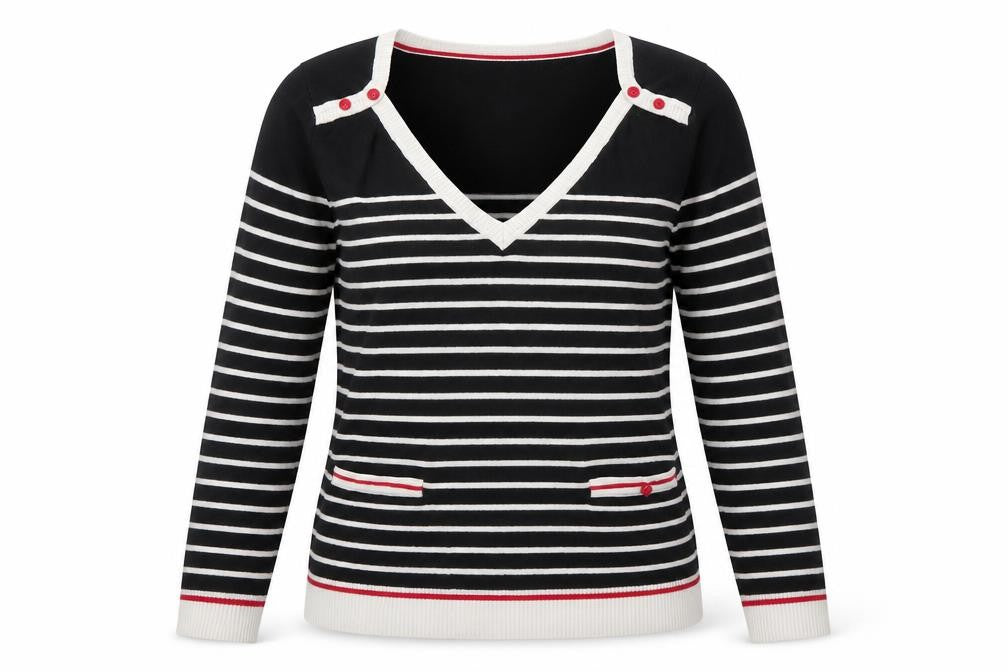 Mango Womens Black V-Neck Striped Silk Pullover Jumper Size M