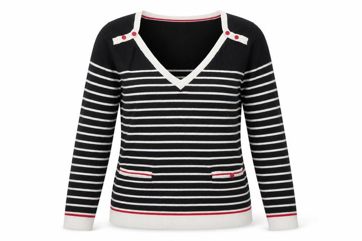 Mango Womens Black V-Neck Striped Silk Pullover Jumper Size M