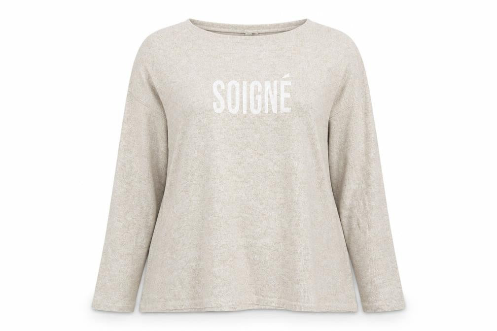 Front view of River Island women’s beige round neck polyester jumper, size UK 12, - soigne